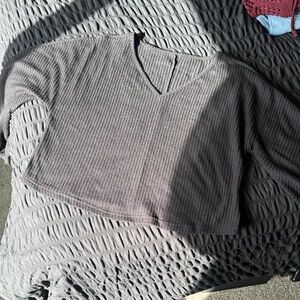 Gray V-Neck Ribbed Blouse